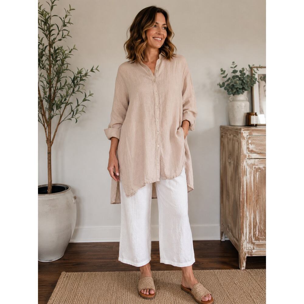 Artisan NY 100% Linen Tunic Top Tan Lagenlook Oversized Pocket Boho Coastal, L